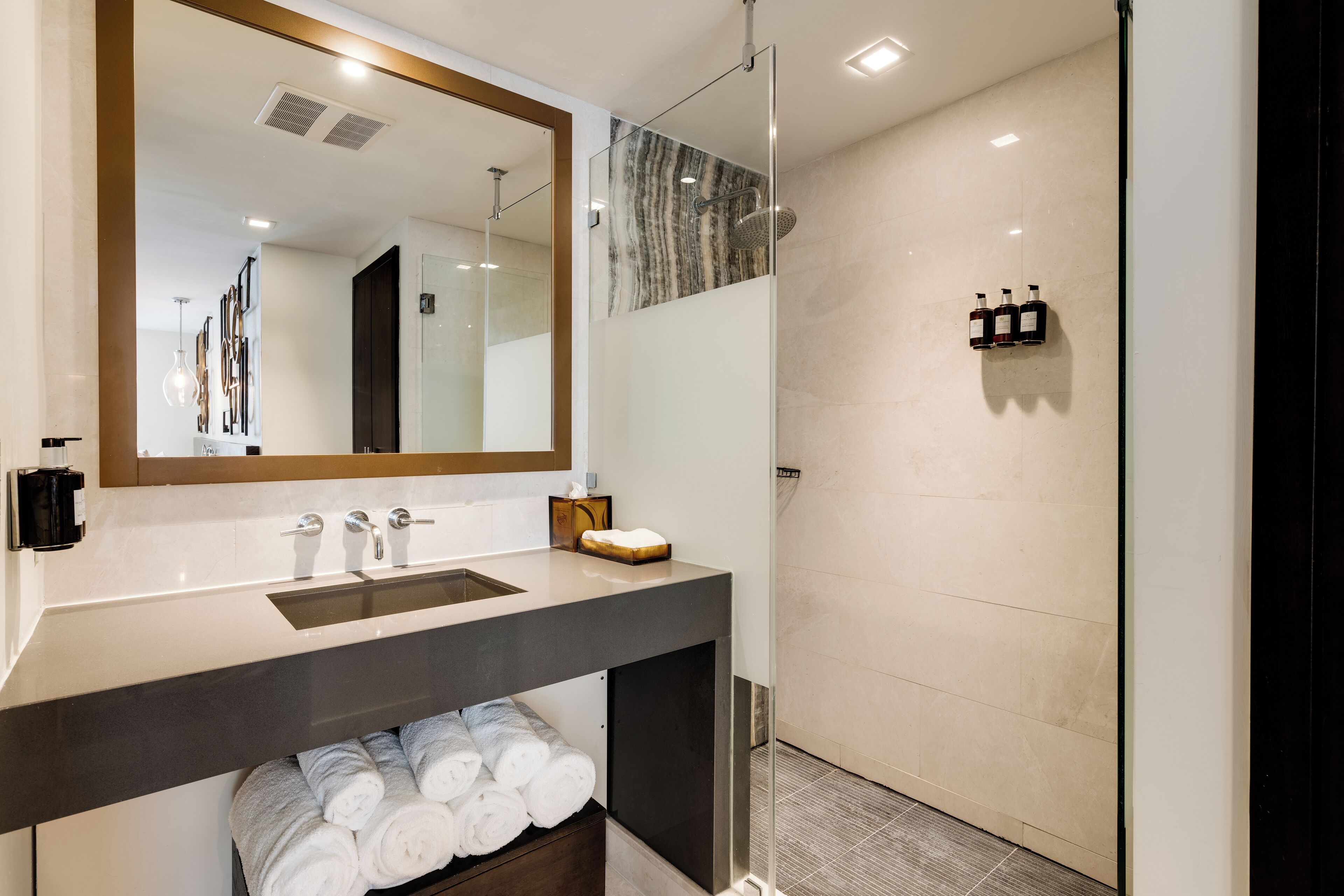 shower, designer toiletries, bathrobes, slippers