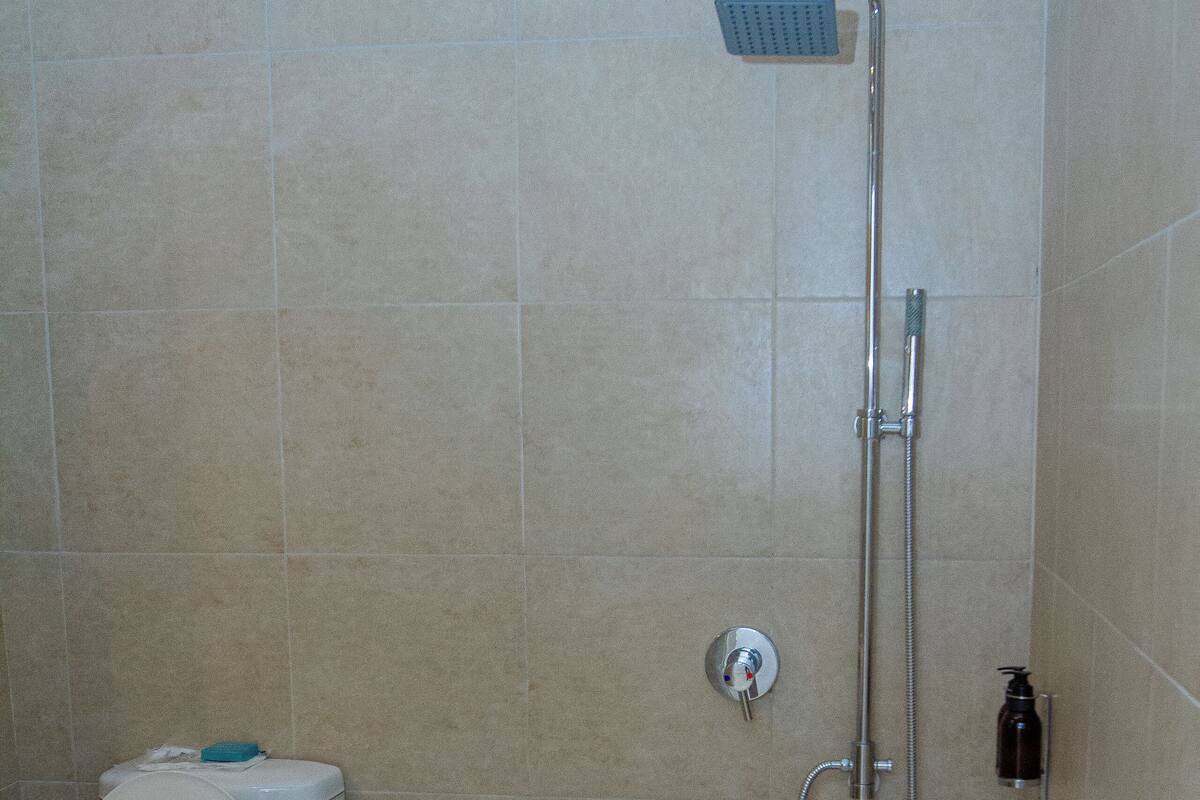 A bathroom with a toilet, a shower, and a grab bar.
