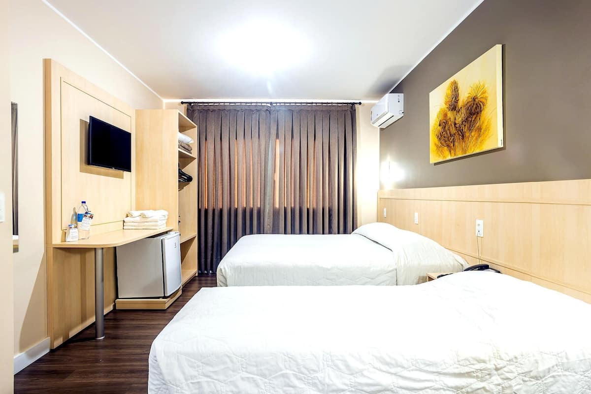 Minibar, desk, laptop workspace, blackout drapes