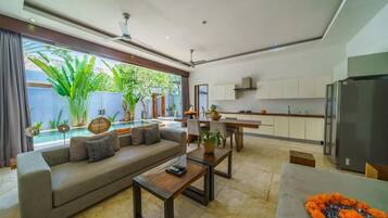 Villa, 2 Bedrooms, Private Pool | Living area | LED TV, iPod dock