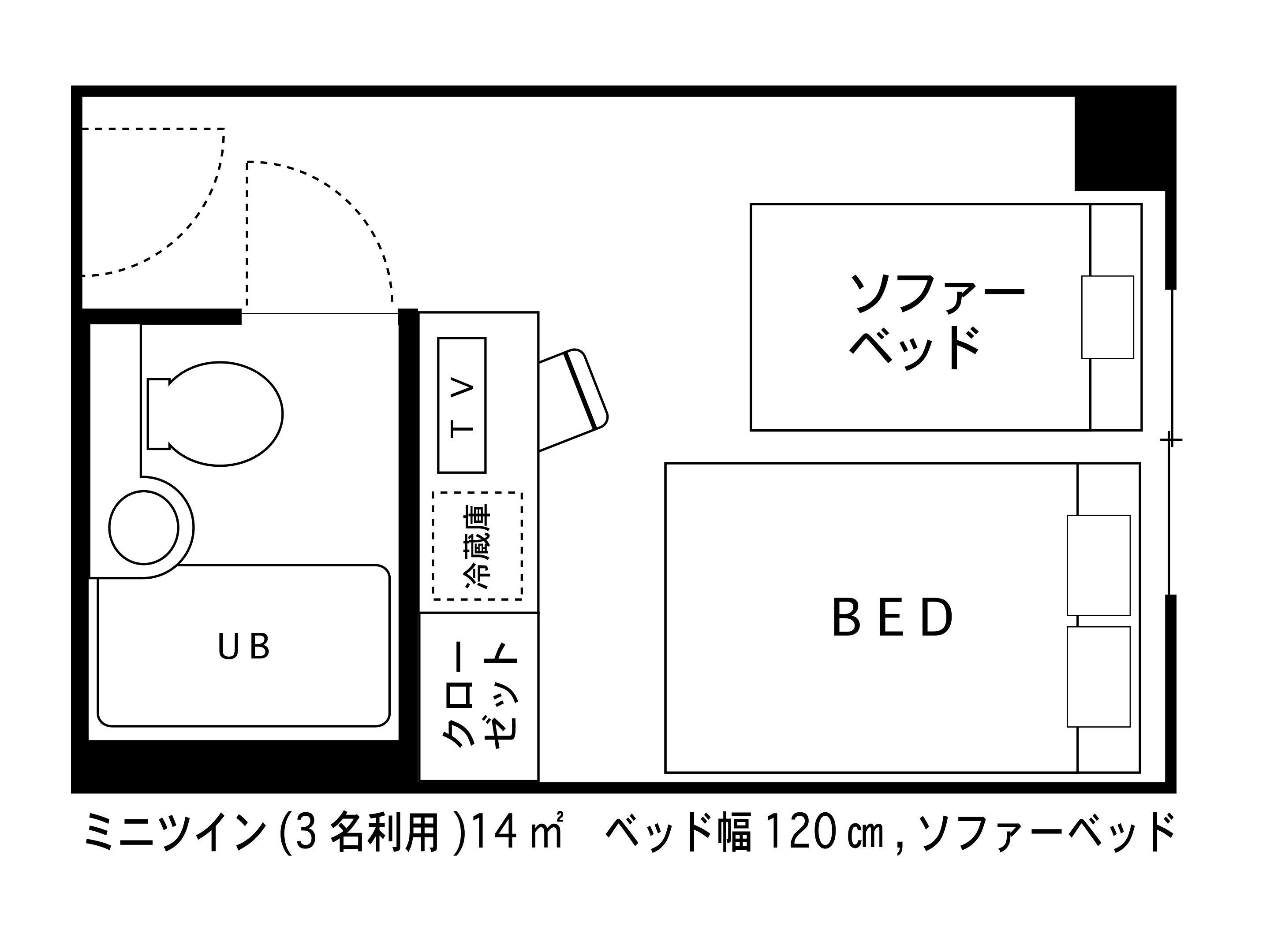 A floor plan of a hotel room with a bed, a sofa bed, and a bathroom. The room has a total area of 14 square meters, and the sofa bed has a width of 120 cm.