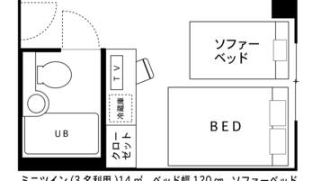 A floor plan of a hotel room with a bed, a sofa bed, and a bathroom. The room has a total area of 14 square meters, and the sofa bed has a width of 120 cm.