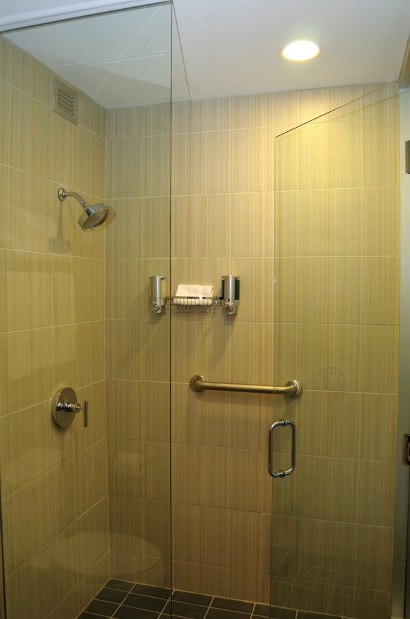 Une douche fermée par des parois en verre, dotée d’un pommeau de douche à main, d’un porte-serviettes et d’une barre d’appui.