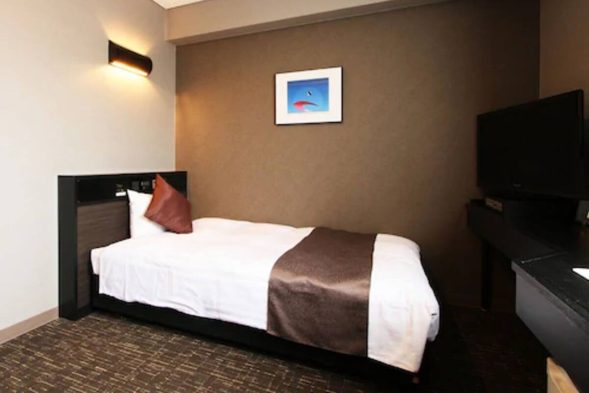 A hotel room with a bed, a flat-screen TV, a wall-mounted picture, and a carpeted floor.