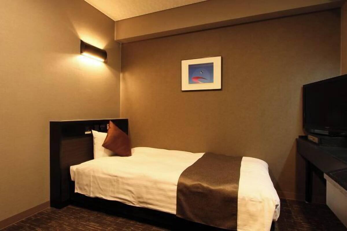 A hotel room with a bed, a wall-mounted picture, and a television.