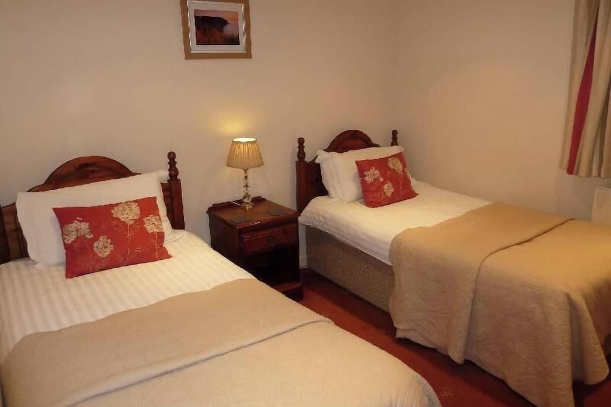 Quarto com duas camas de solteiro, cada uma com cabeceira de madeira, mesa de cabeceira com abajur e um quadro pendurado na parede.