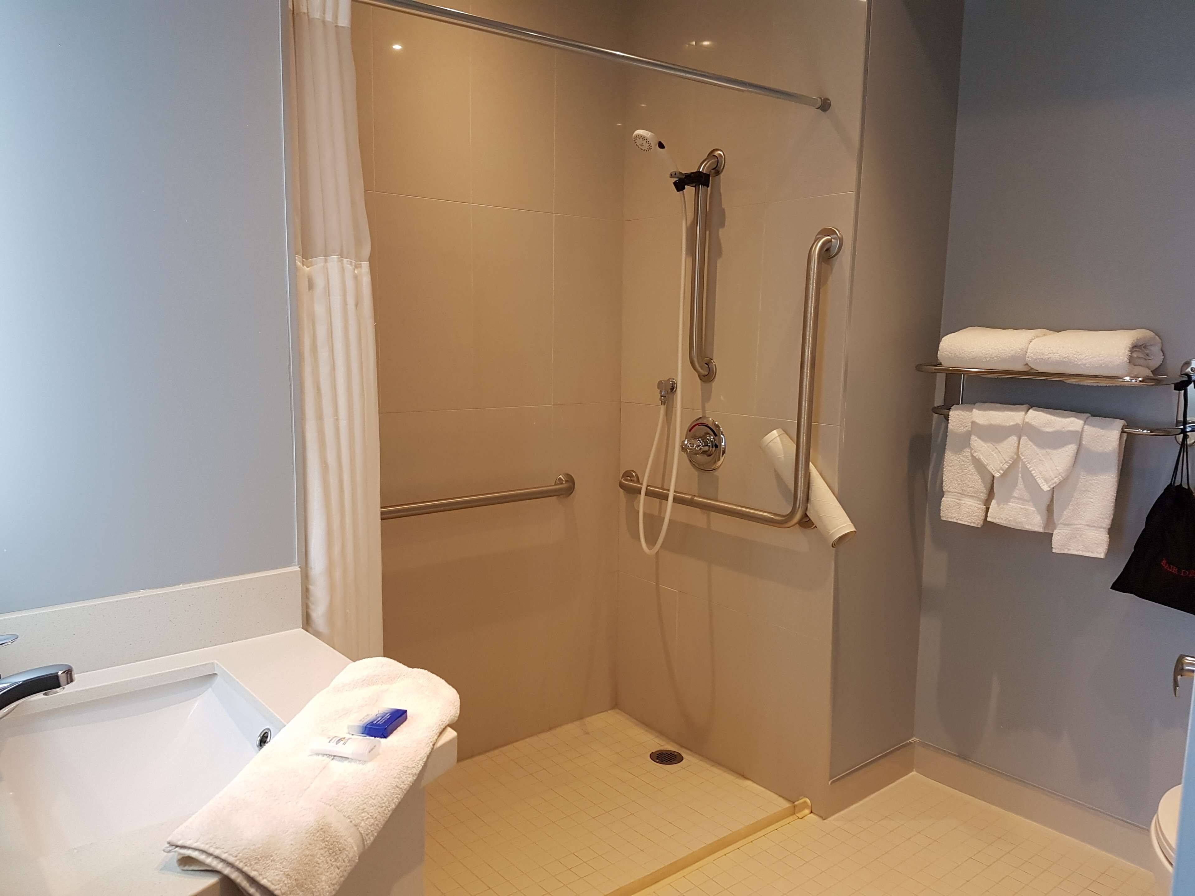 combined shower/bathtub, free toiletries, hair dryer, towels