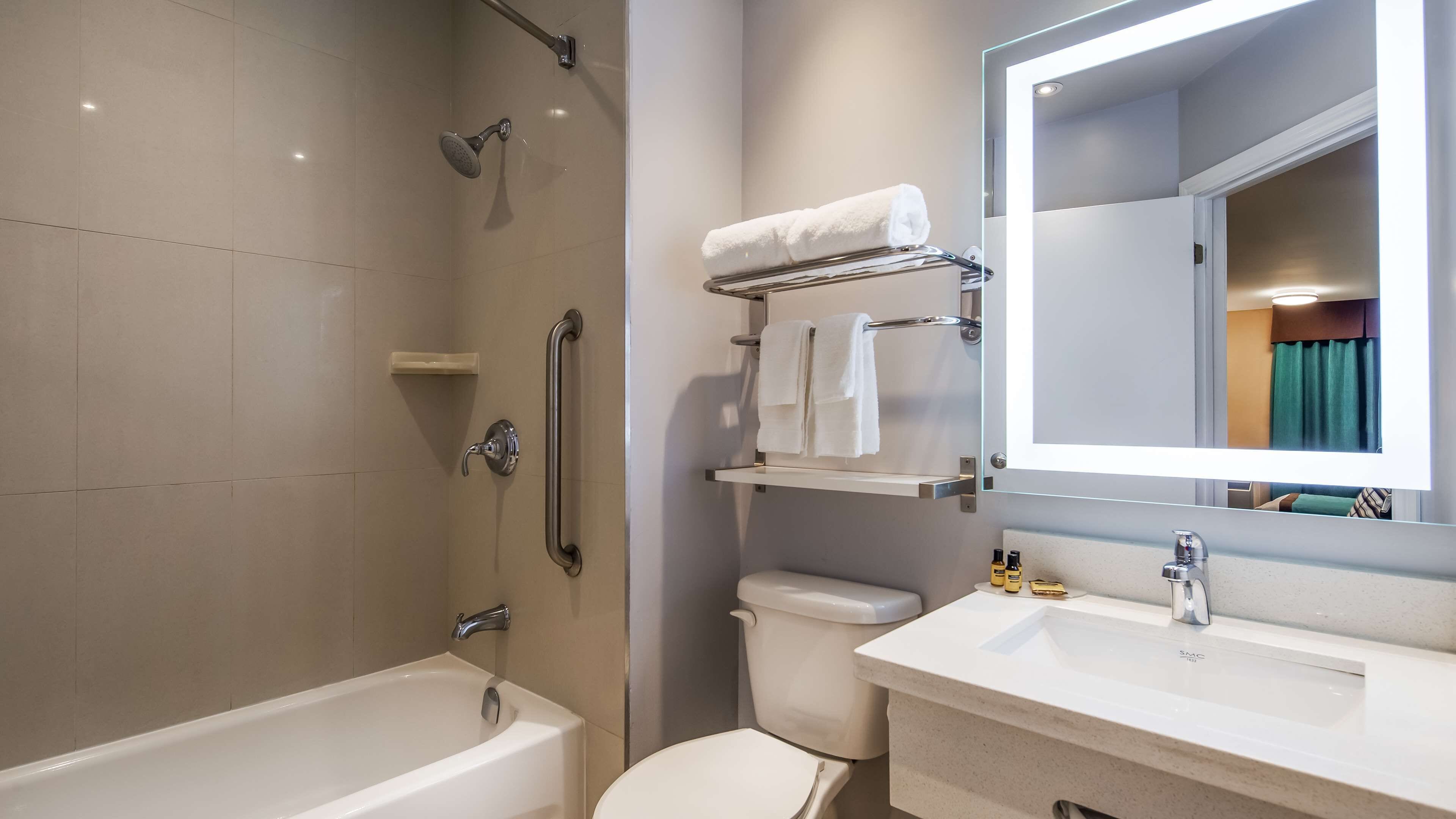 combined shower/bathtub, free toiletries, hair dryer, towels