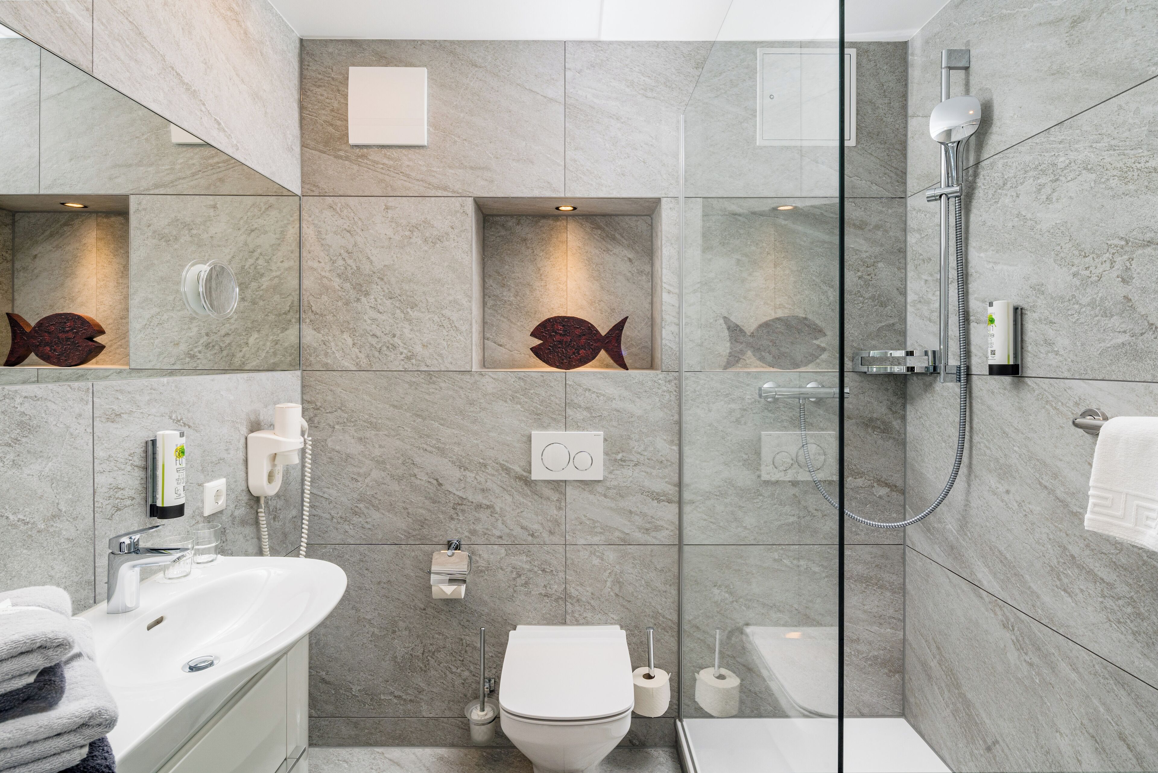 free toiletries, hair dryer, bathrobes, towels