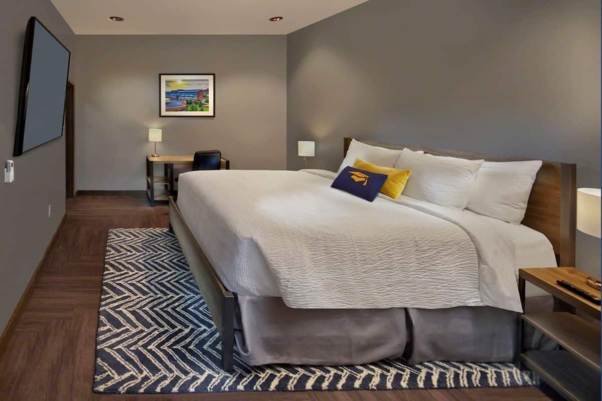 A hotel room with a large bed, a desk, a chair, a TV, and a painting on the wall.