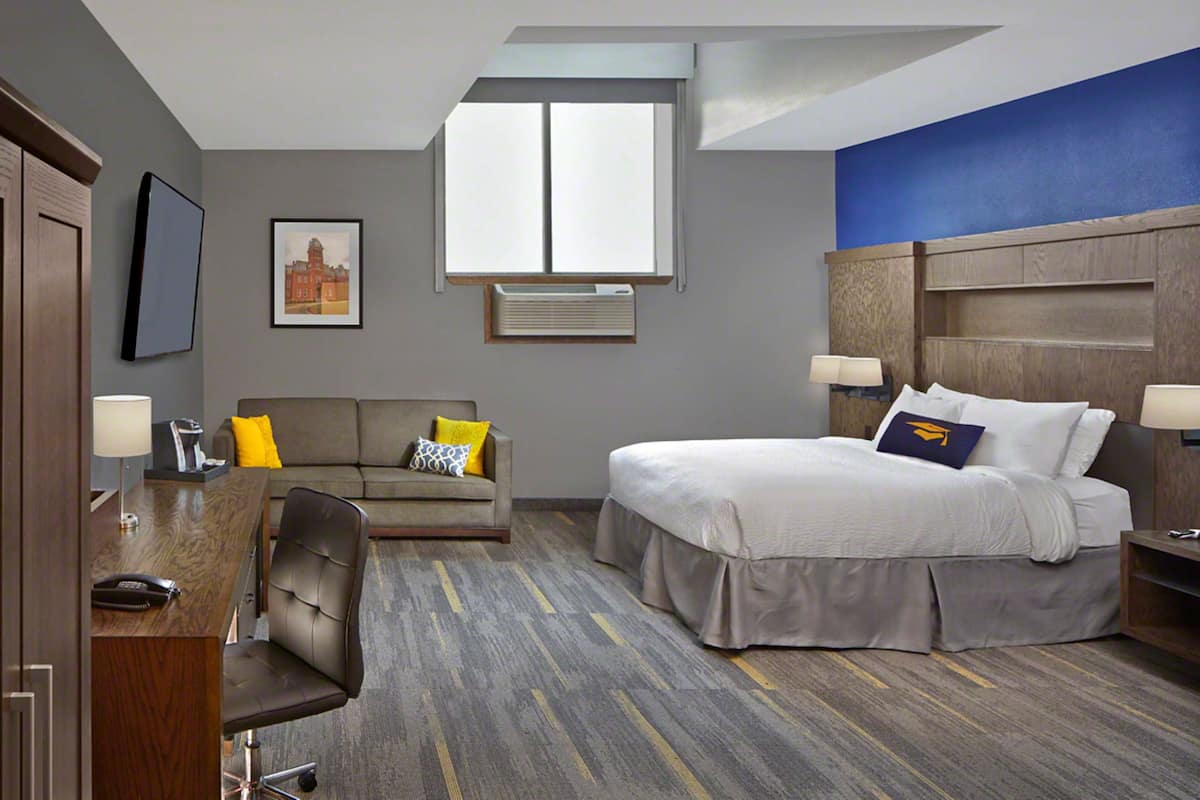 A hotel room with a bed, a desk, a chair, a sofa, and a window.