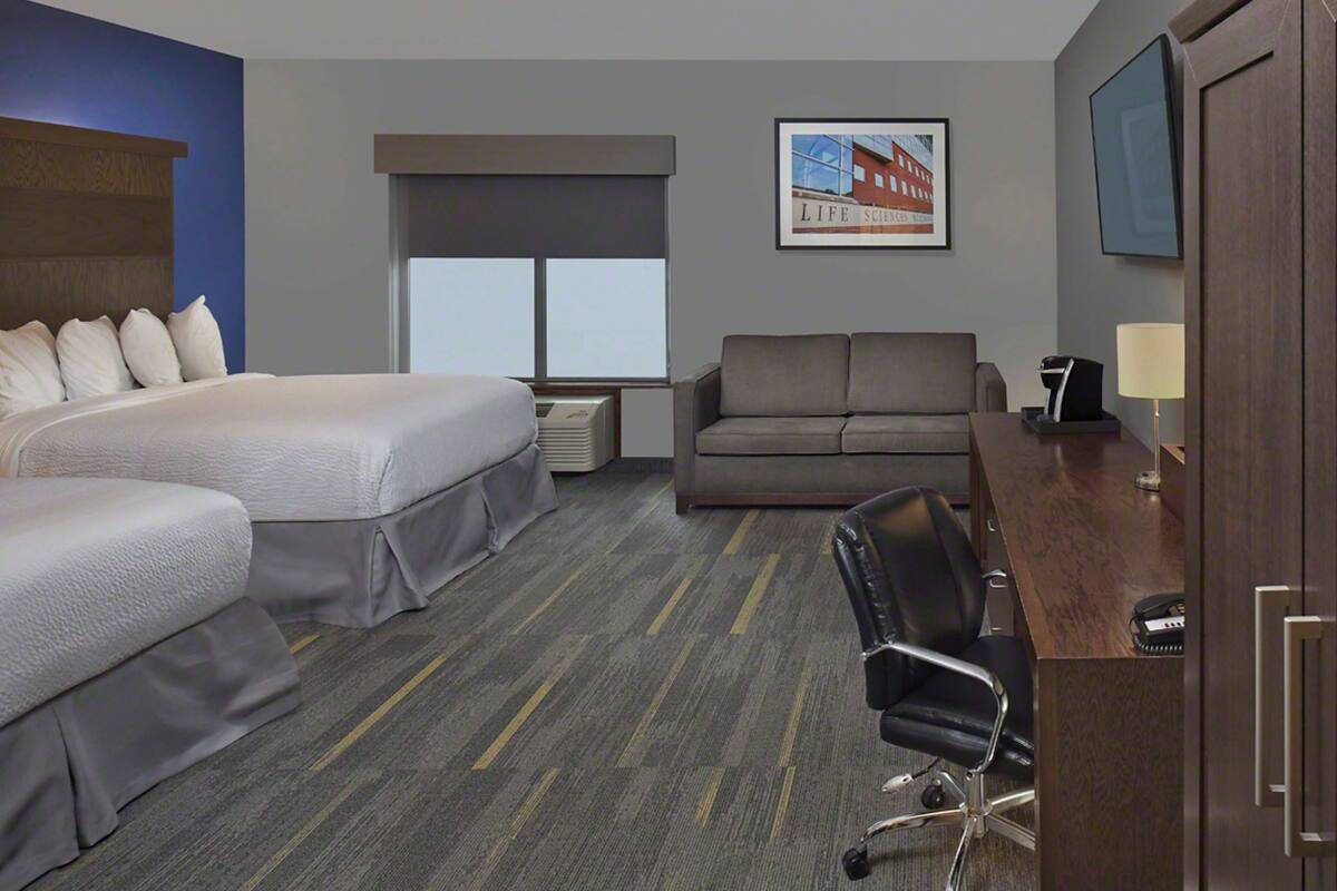 A hotel room with a large bed, a sofa, a desk with a lamp, and a chair.