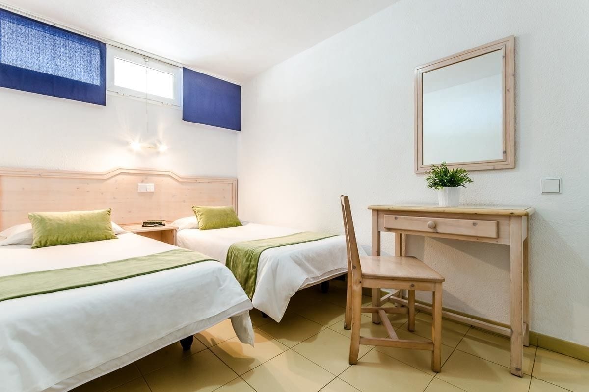 Ein Hotelzimmer mit zwei Betten, einem Schreibtisch, einem Stuhl, einem Spiegel und einer Zimmerpflanze.
