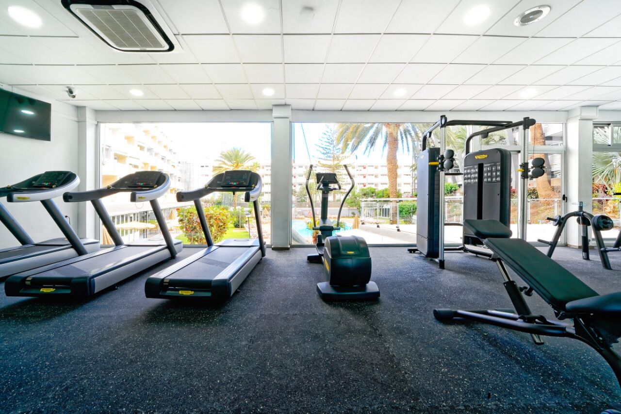 A gym with treadmills, a bench press, and weight machines.