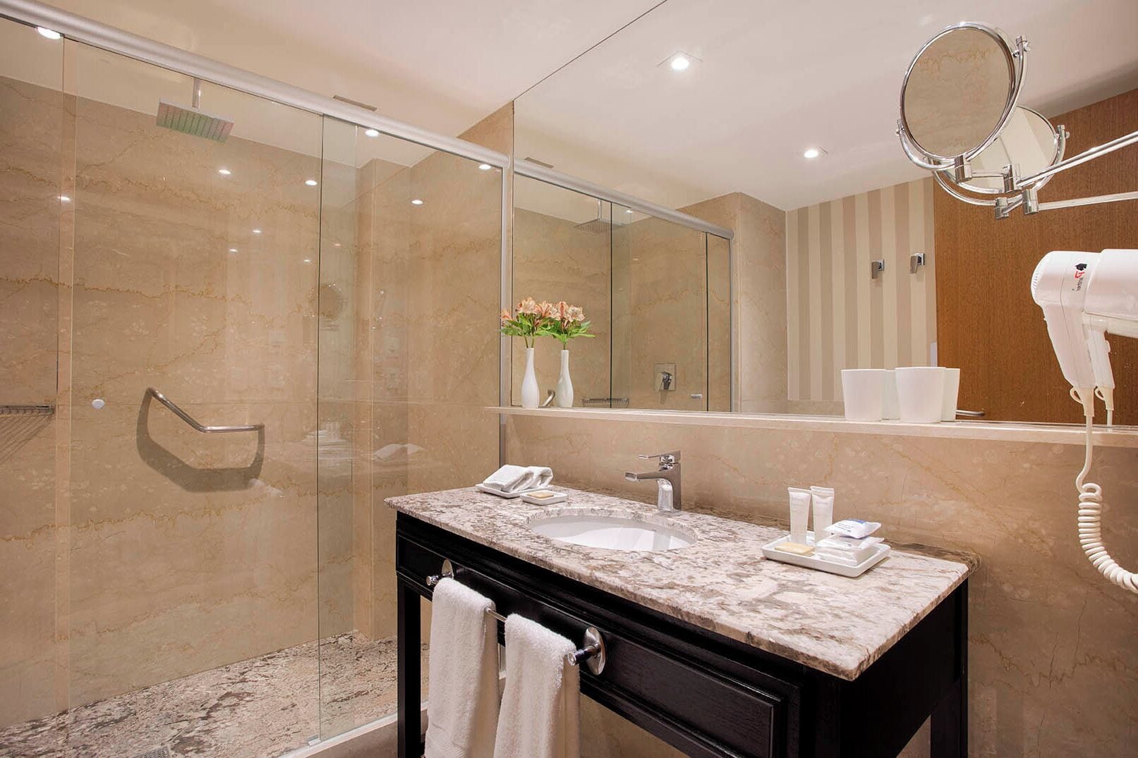 luxury twin room | bathroom | shower, hair dryer, slippers, towels