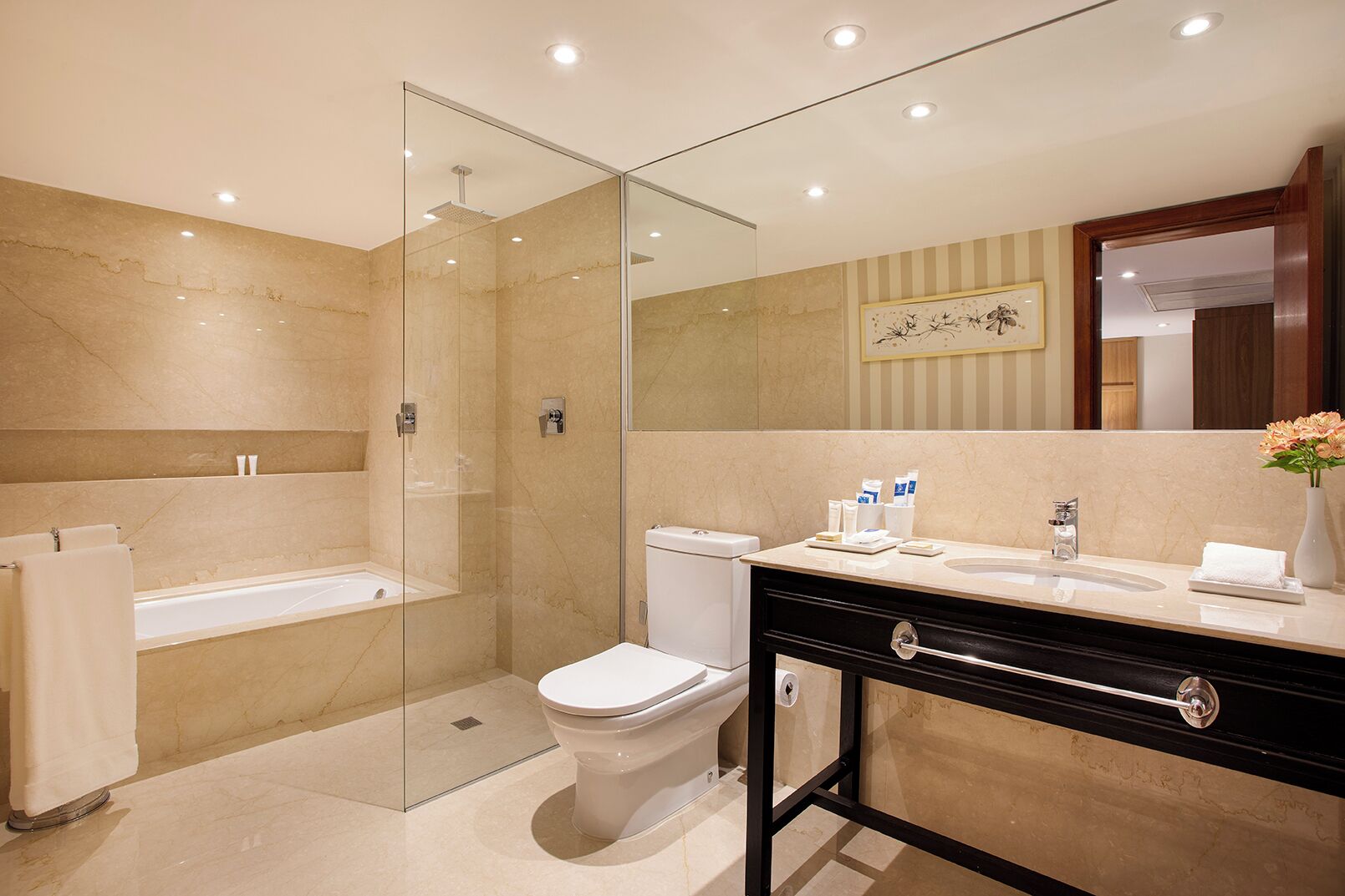 A modern bathroom with a glass-enclosed shower, a toilet, and a vanity with a sink and mirror.