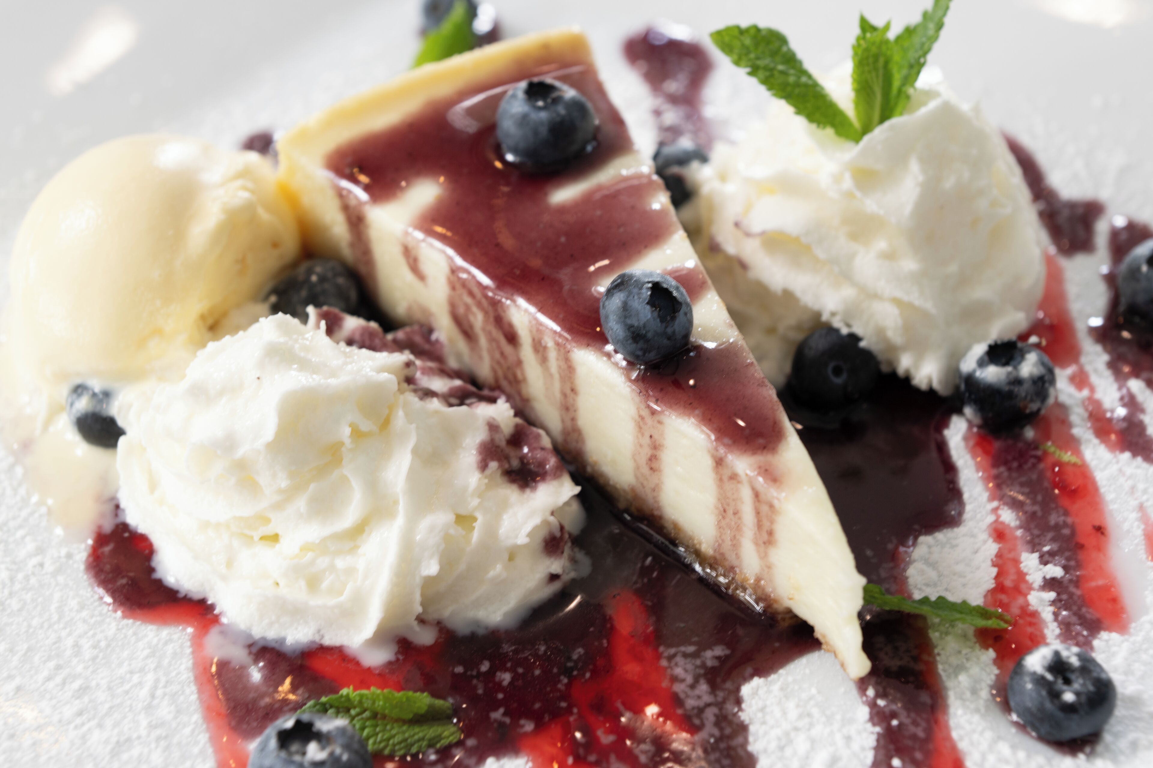 A dessert with a slice of cheesecake, ice cream, and blueberries on a plate.