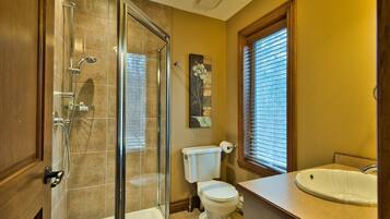 Separate tub and shower, free toiletries, hair dryer, towels