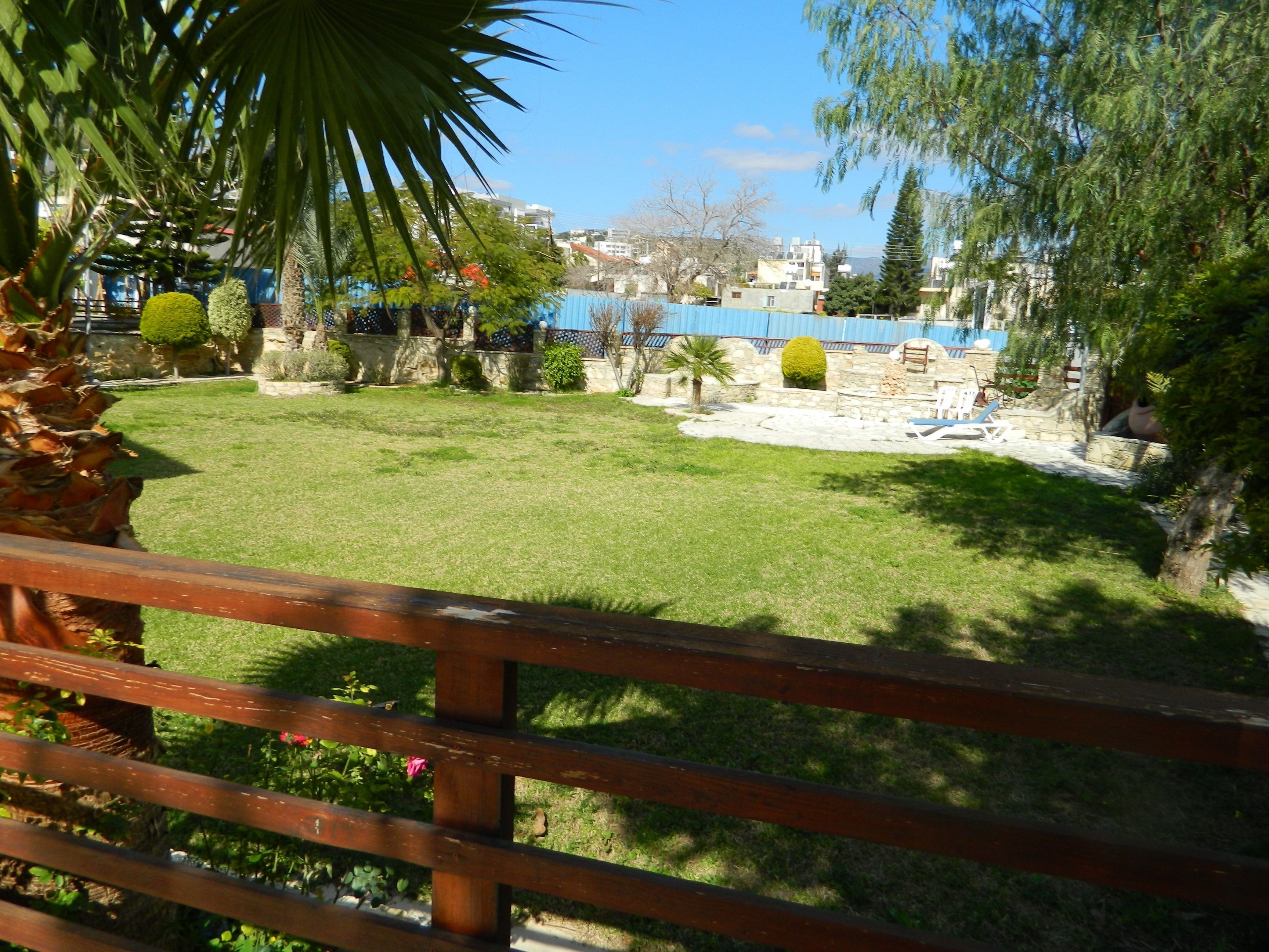 A grassy outdoor area with a stone wall, a blue building, and a palm tree.