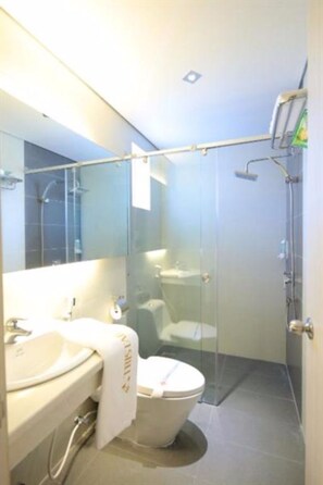 Shower, free toiletries, hair dryer, slippers