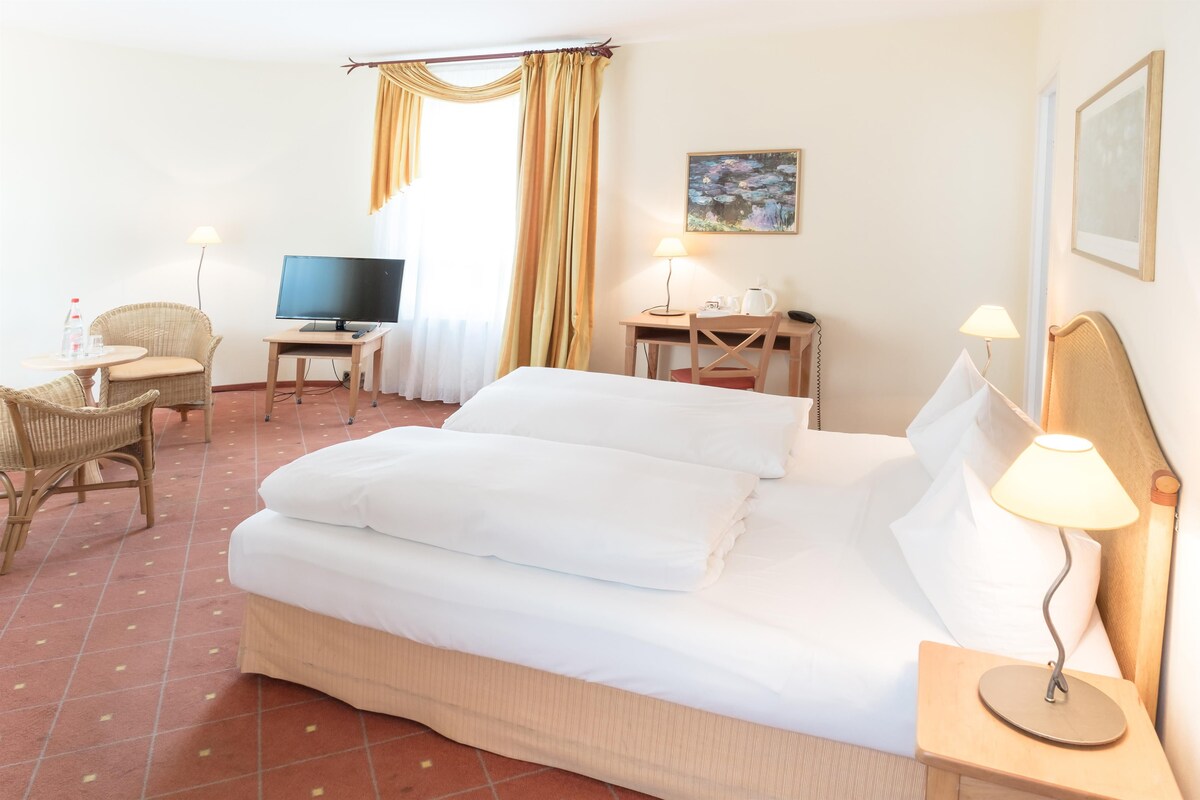 A hotel room with a bed, a desk with a computer, a chair, a TV, and a painting on the wall.
