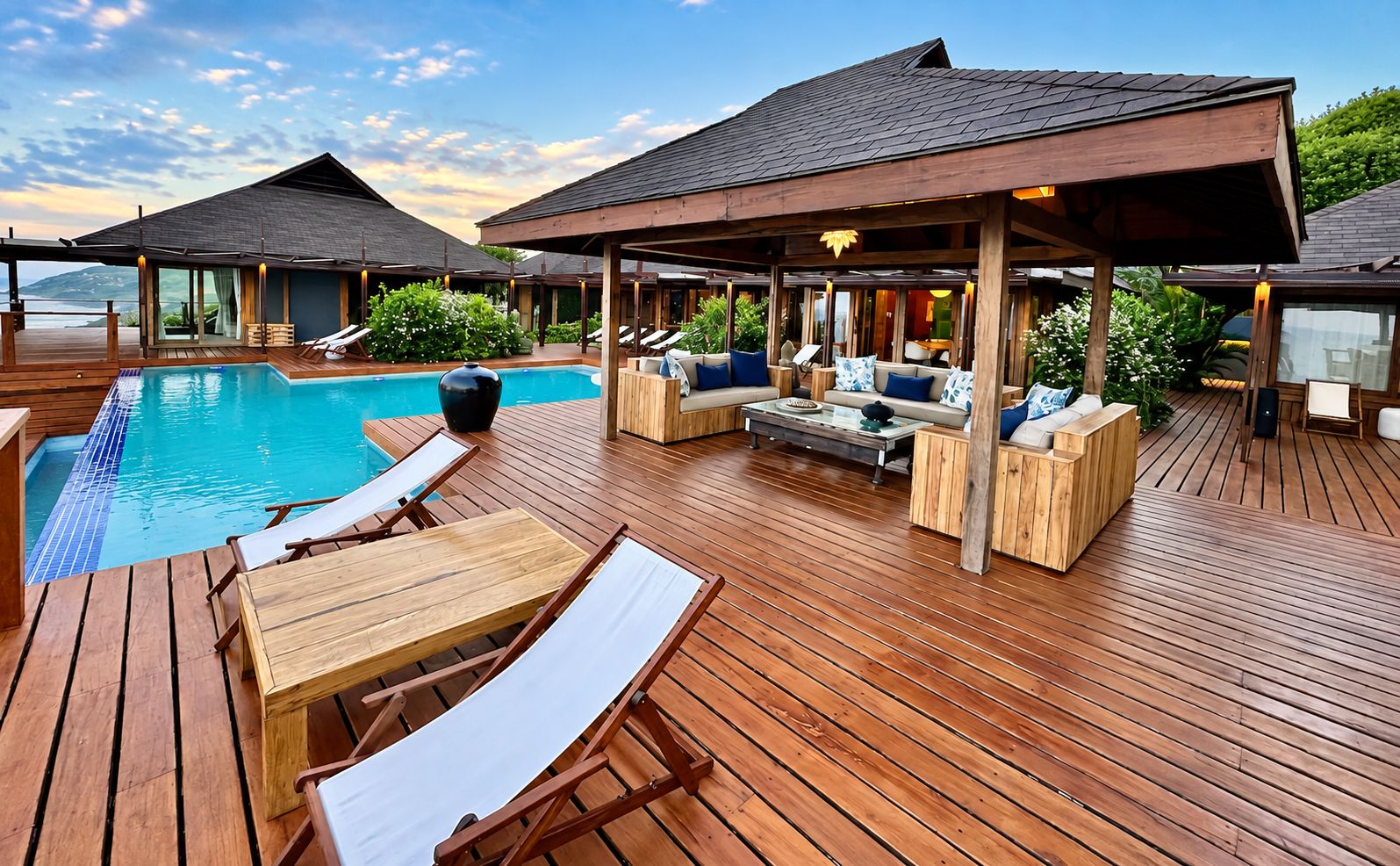 A wooden deck with a pool, lounge chairs, and a covered seating area.