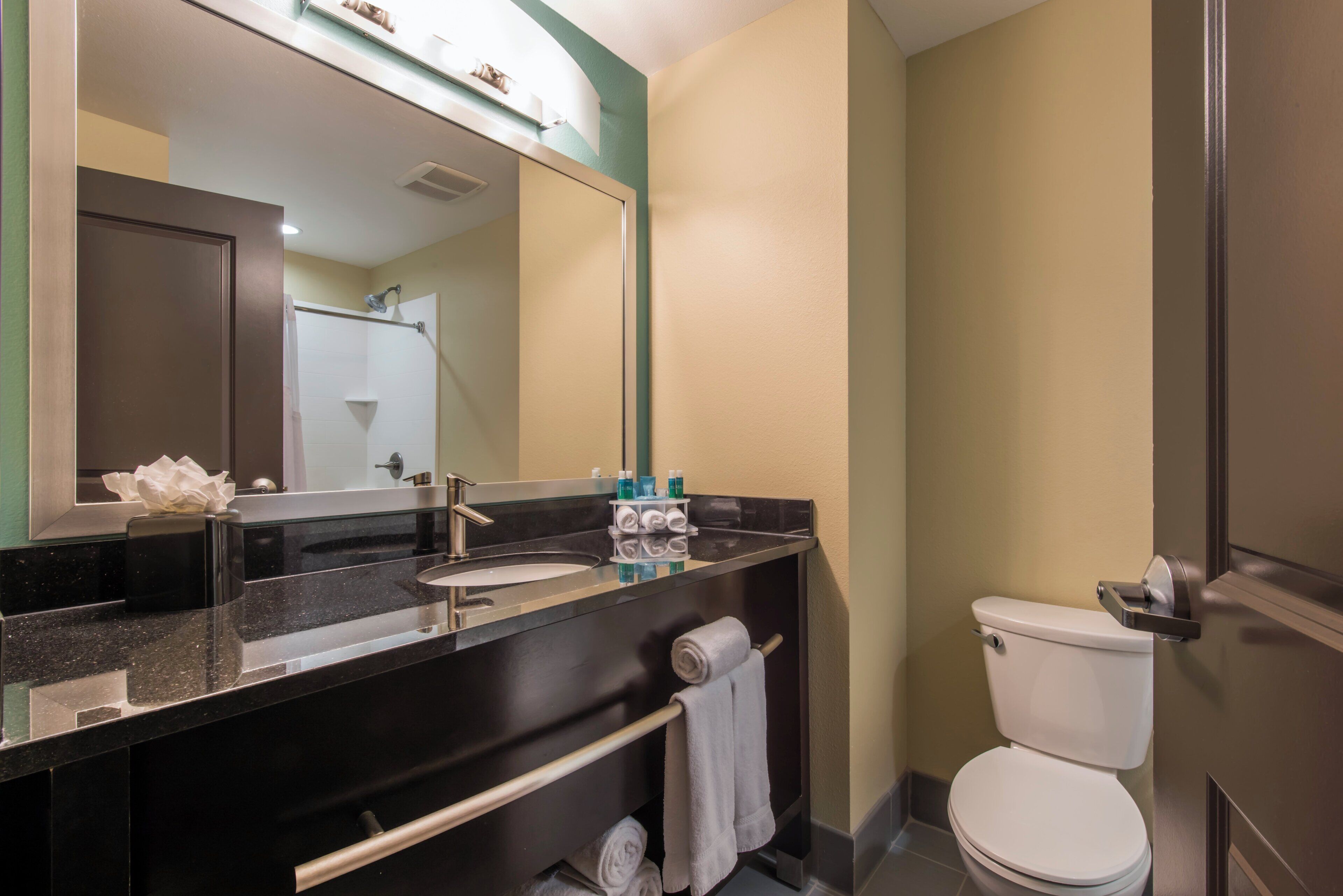 A bathroom with a black countertop, a white sink, a mirror, a toilet, and a towel rack.