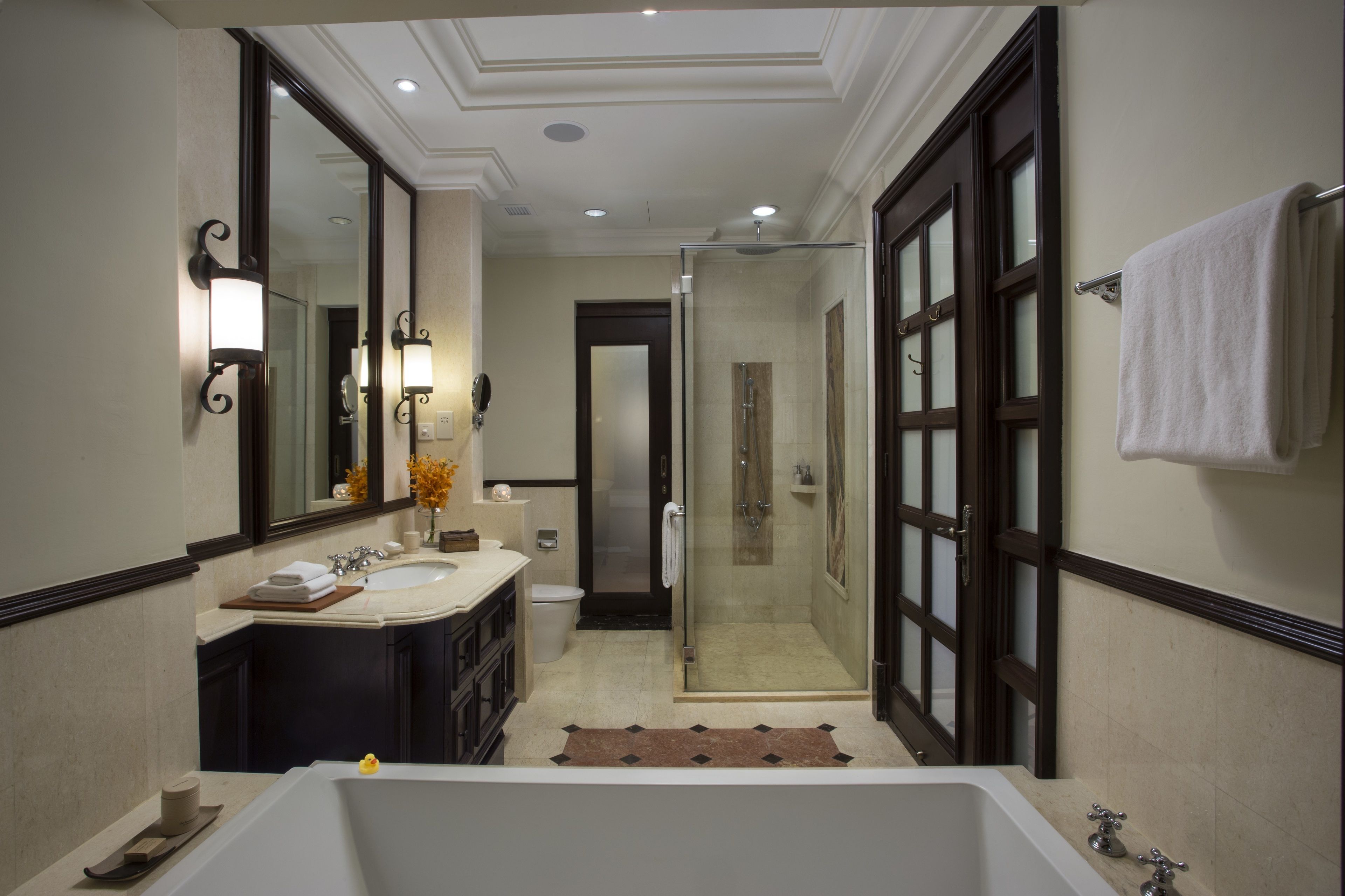 separate bathtub and shower, deep-soaking bathtub, rainfall showerhead