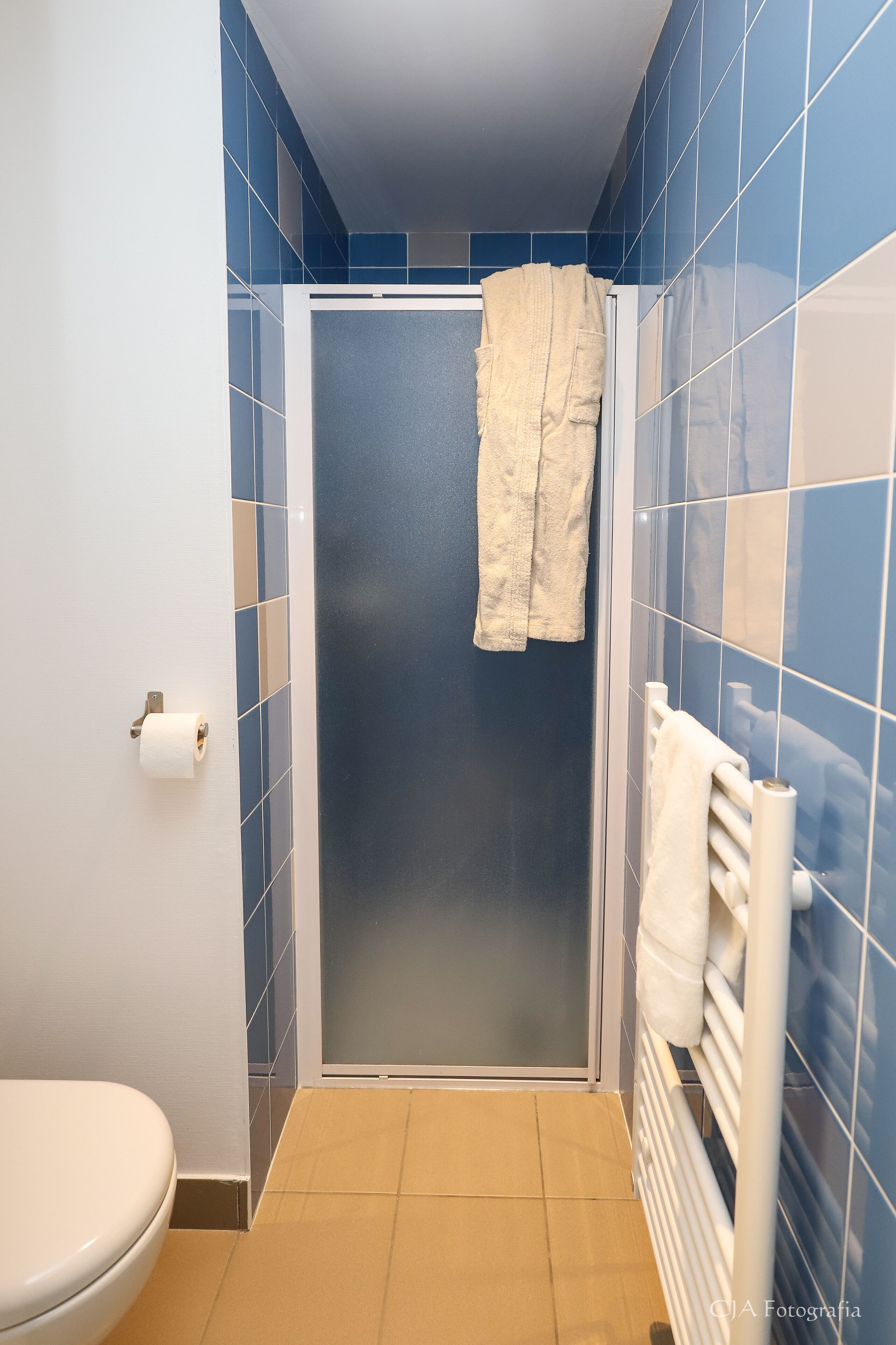 Une salle de bain équipée d  ’une douche, de toilettes et d’un porte-serviettes.