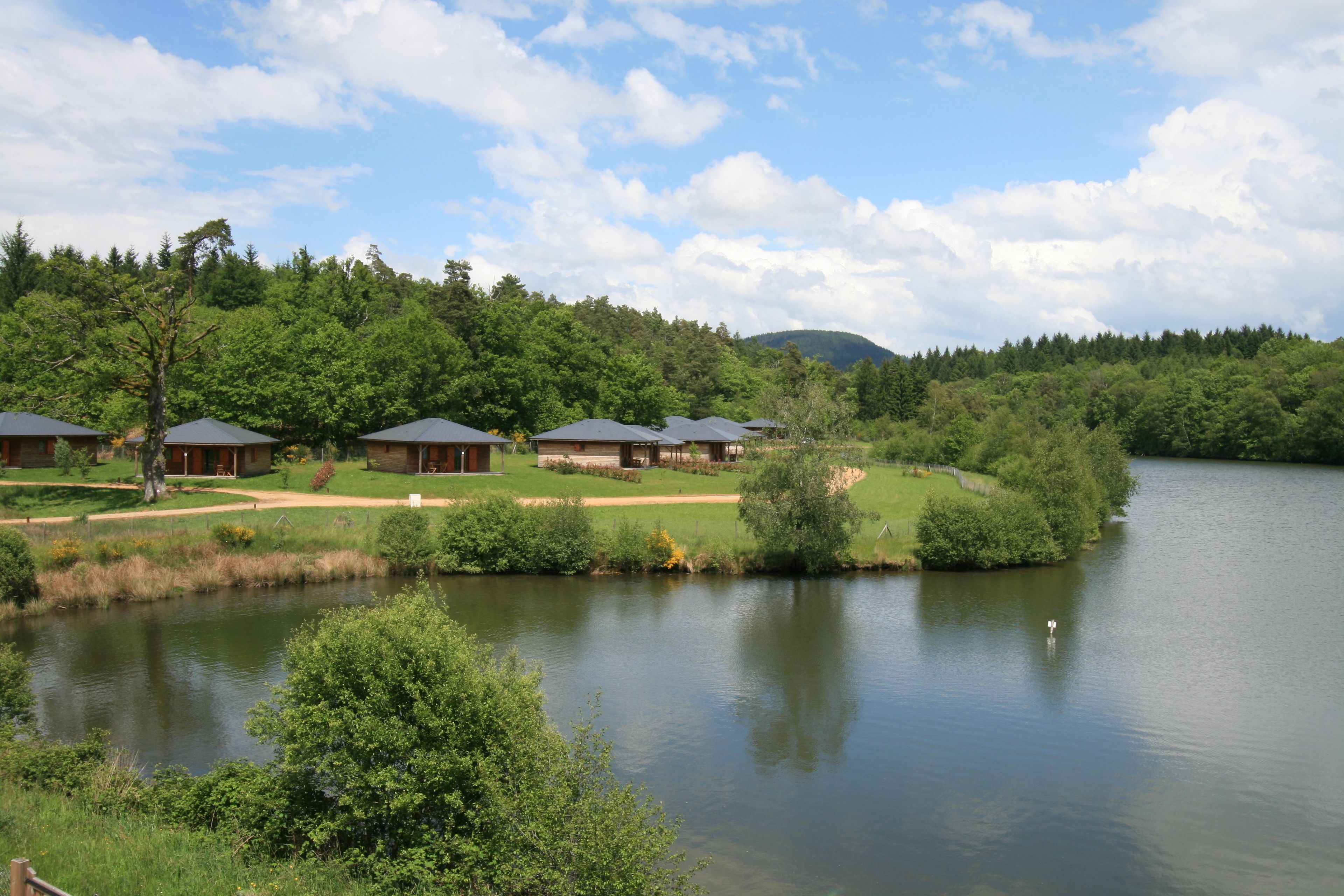 A lakeside resort with cabins, a pond, and a forested hillside.