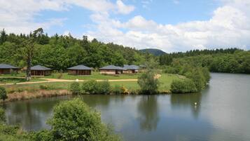 A lakeside resort with cabins, a pond, and a forested hillside.