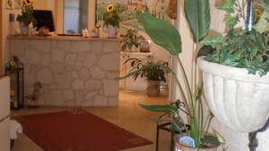 Amplia sala de estar con chimenea de piedra, un tapete rojo y diversas plantas en macetas.
