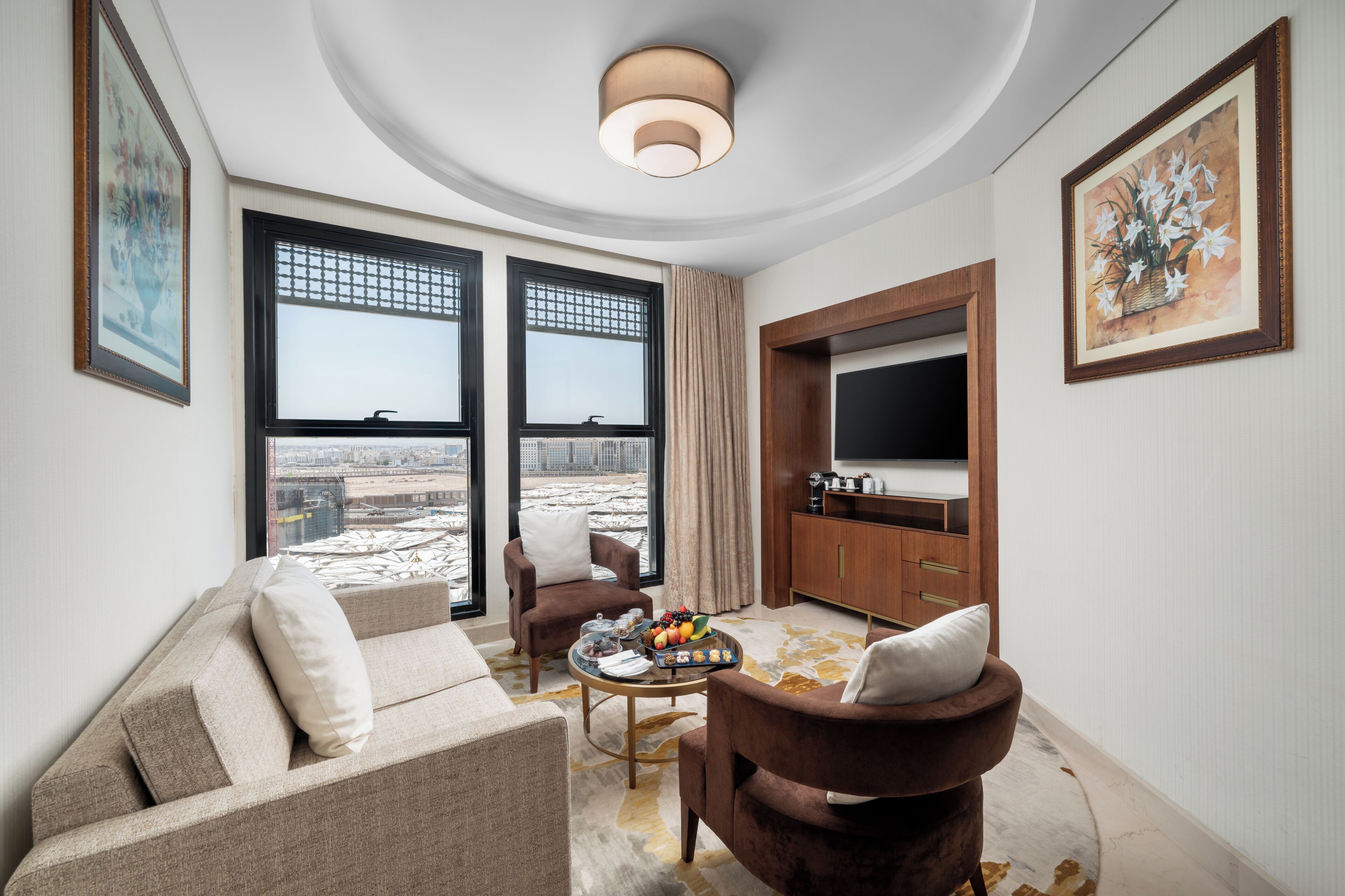 Premier Suite, 1 Bedroom (Haram View, King Bed) | Living area | 55-inch Smart TV with satellite channels