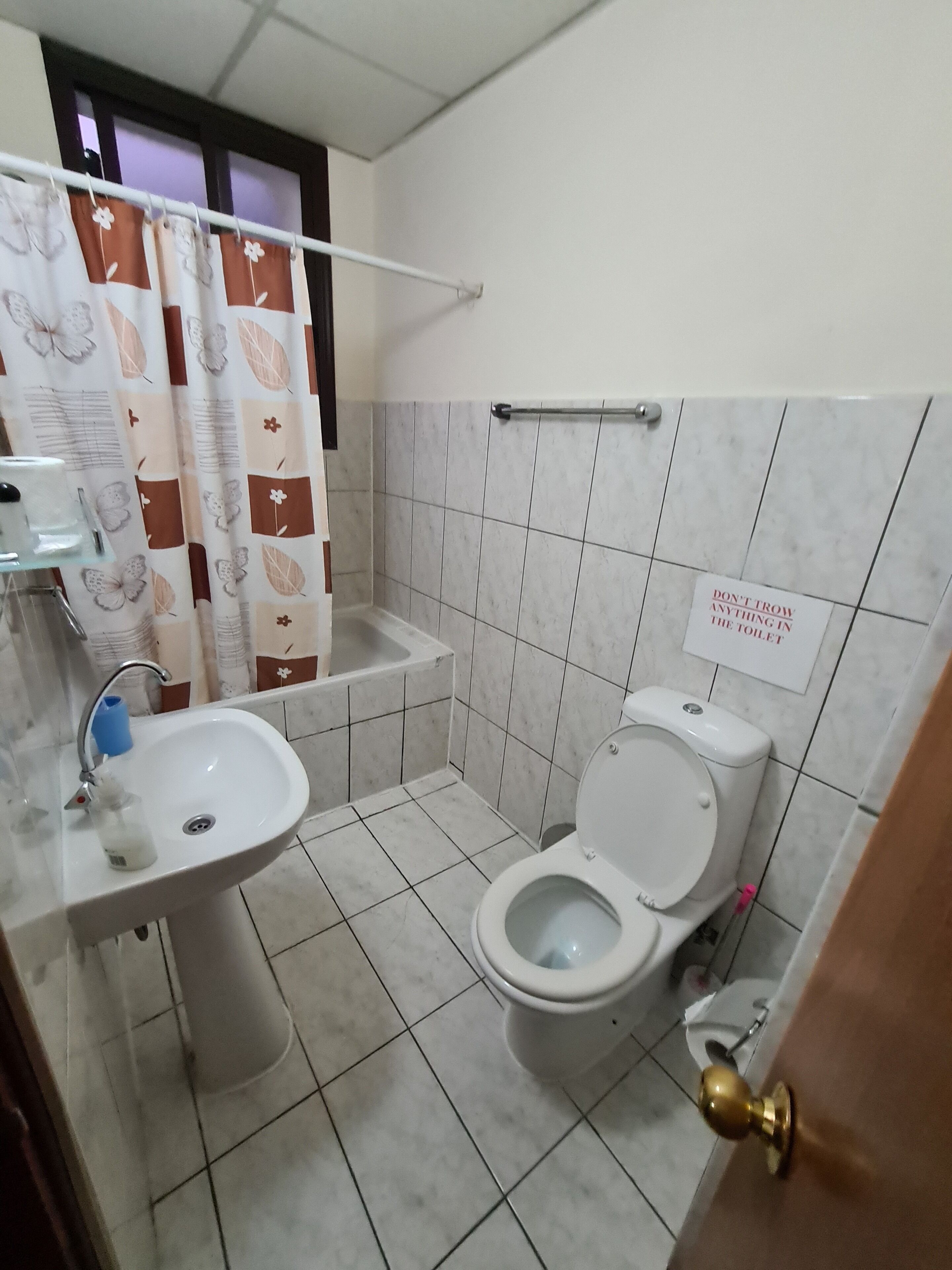 A small bathroom with a toilet, sink, and shower.