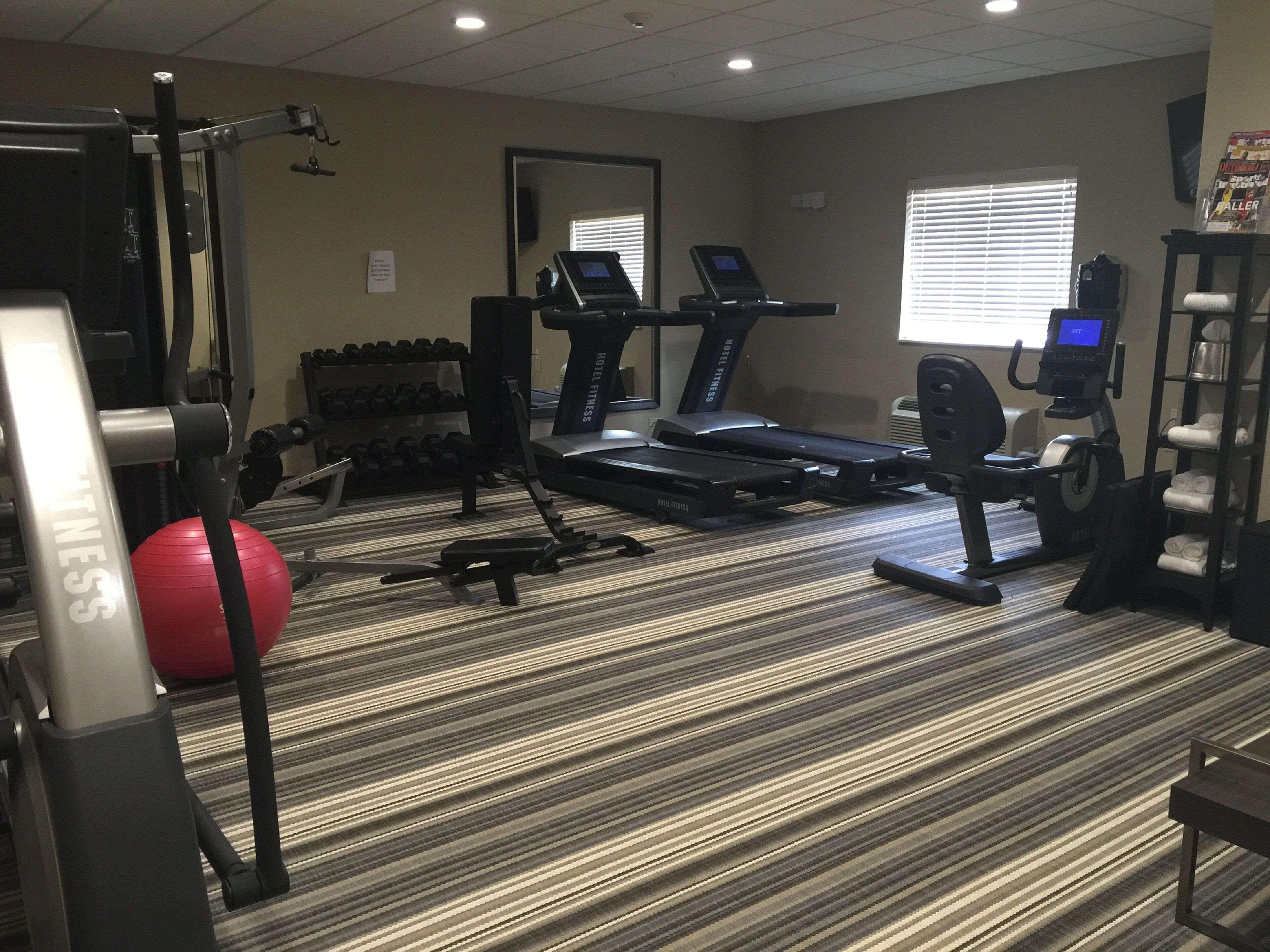 A hotel fitness center with treadmills, weight machines, and a red exercise ball.