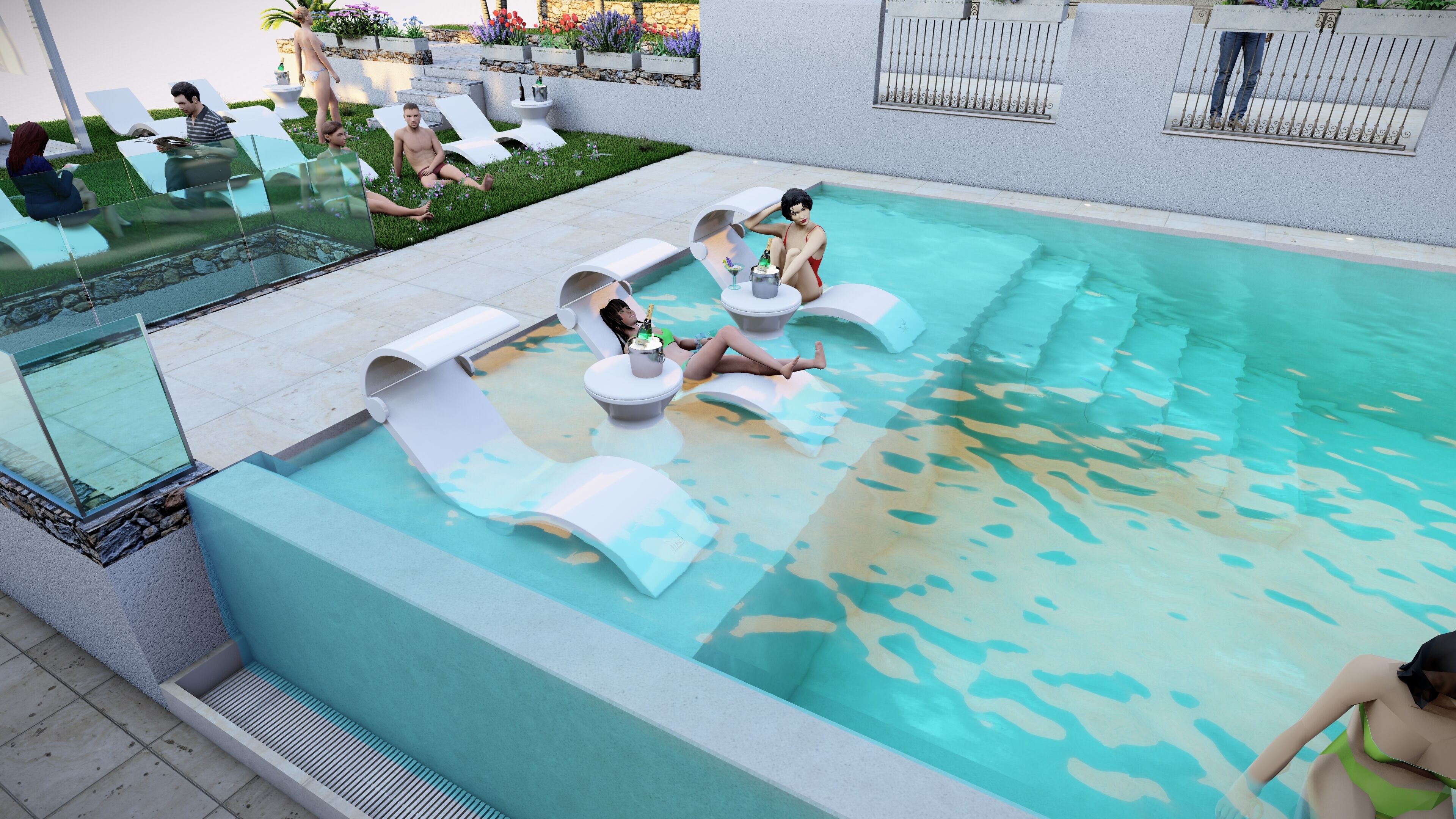 A modern pool area with lounge chairs and a glass-enclosed section.