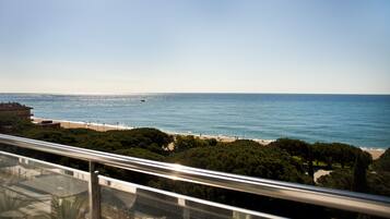 Enjoy breathtaking views of the ocean and beach from this elevated balcony.