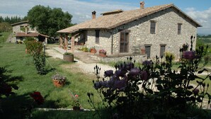 Una casa de piedra con techo de tejas, rodeada de un jardín bien cuidado con diversas plantas y flores.
