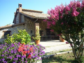 A stone building with a tiled roof, a patio area with outdoor seating, and flowering plants. - Agriturismo Le Casette (Montecchio)
