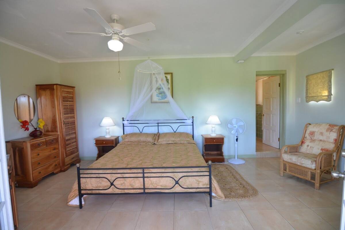 Ein Schlafzimmer mit einem Bett, Nachttischen, einem Schrank, einem Sessel, einem Kleiderschrank und einem Deckenventilator.