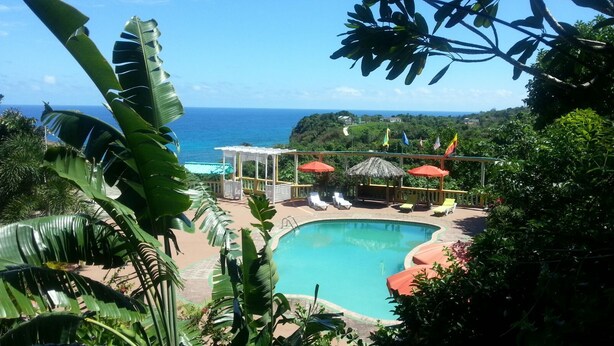 Zona de piscina con sillones de descanso y sombrillas, rodeada de vegetación tropical y con vista a una masa de agua.