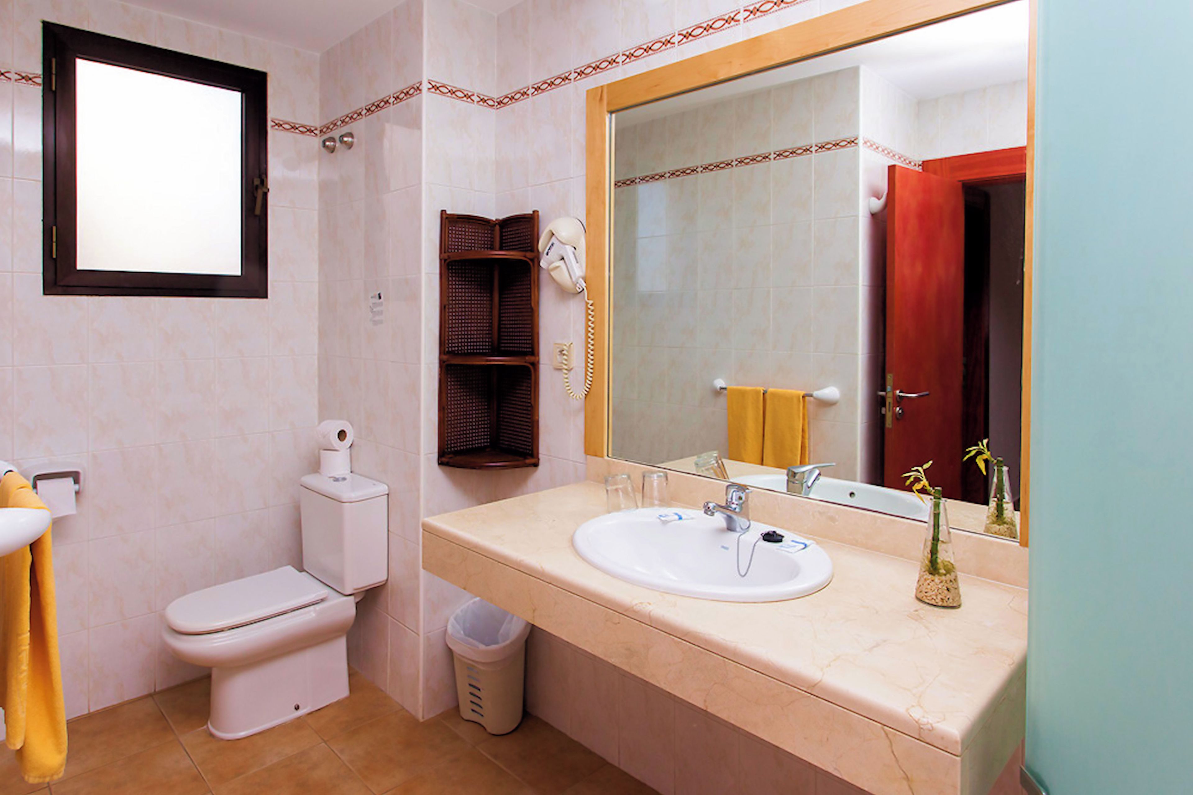 A bathroom with a toilet, sink, and mirror.