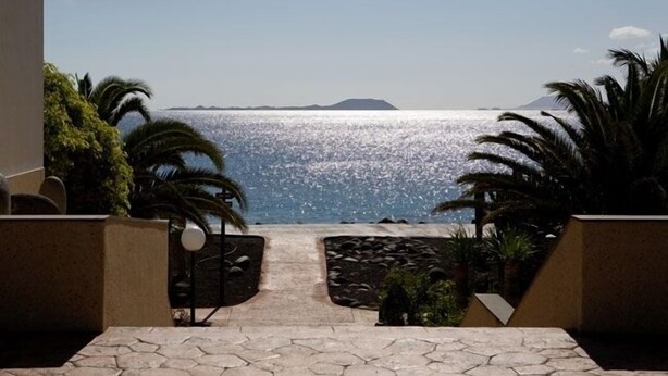 A view from a balcony overlooking a beach with palm trees and a clear sky. - Monéa Royal Mónica (Yaiza)