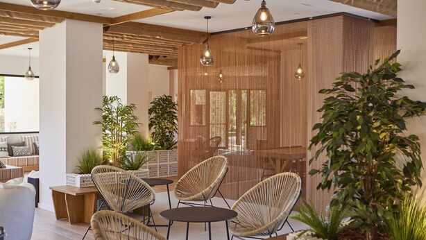 A modern outdoor seating area with wicker chairs and tables, surrounded by plants and a woven partition. - tent Palmanova (Calvia)