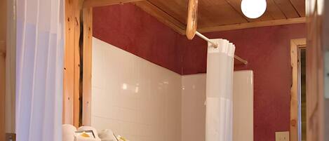 Un baño con lavamanos blanco, un espejo y zona de ducha.