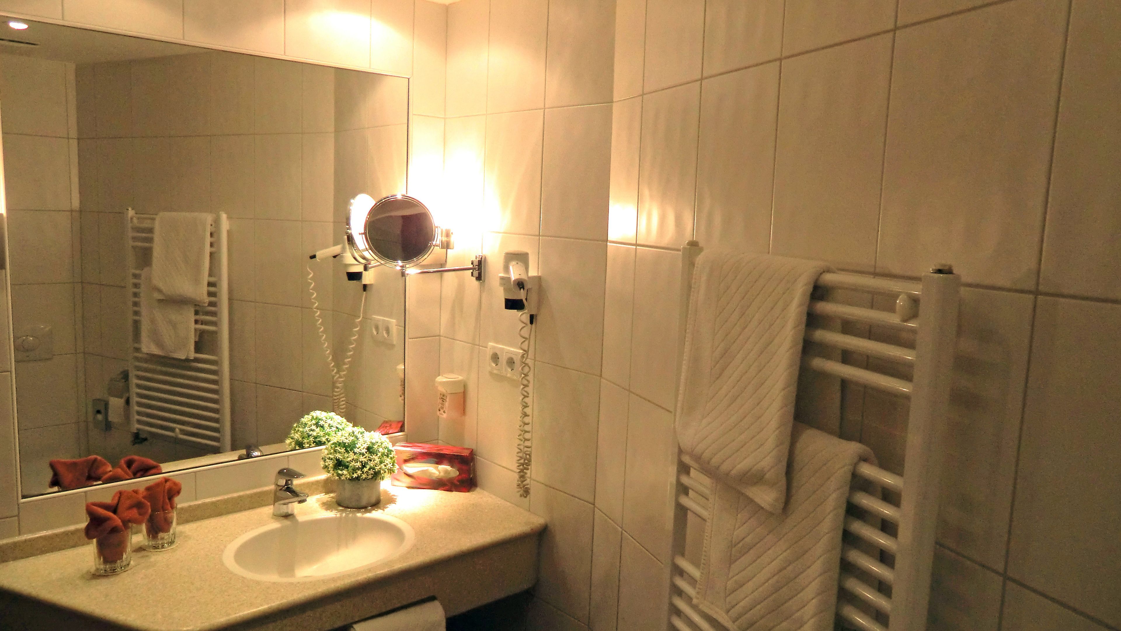A bathroom with a sink, mirror, towel rack, and a potted plant.