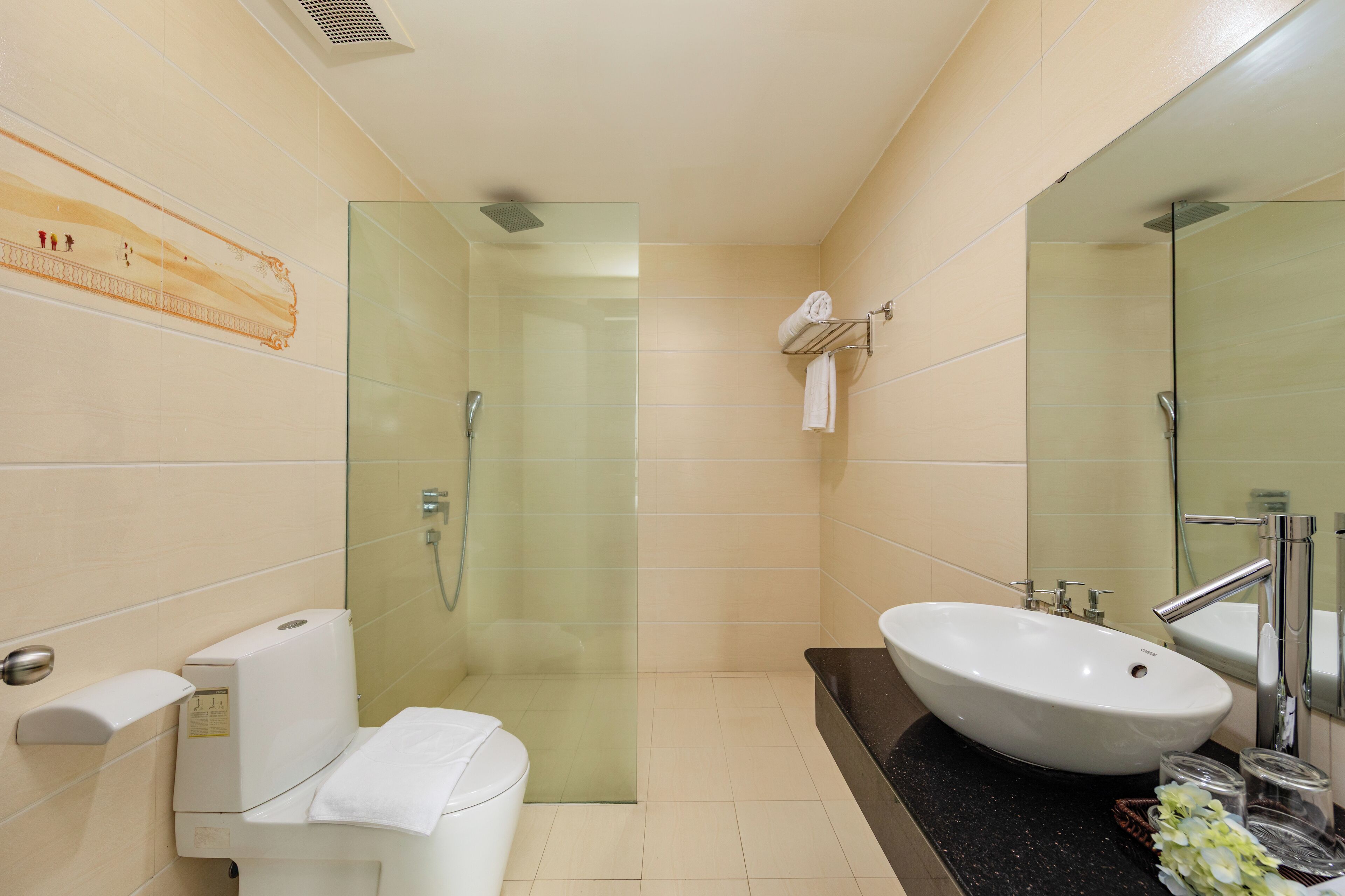 Shower, hair dryer, bathrobes, slippers