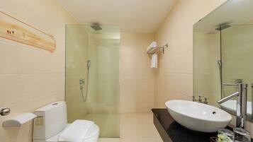 Shower, hair dryer, bathrobes, slippers