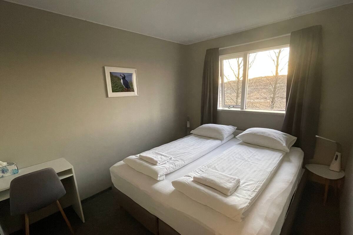 Una habitación de hotel con cama doble, un escritorio y una silla.
