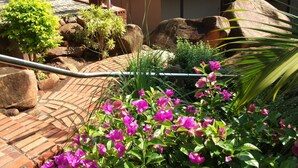 A garden with large rocks, a brick pathway, and pink flowers. - Meerkat Manor (Nkomazi)